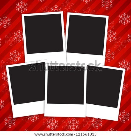 Winter holidays card with blank photo frames on red  snowy background. Vector illustration