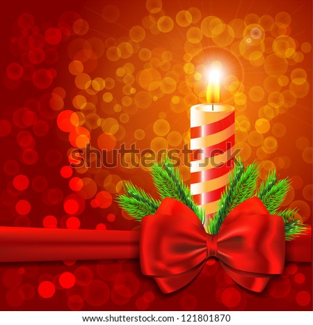 Winter holidays background with burning candle, tree branches and red bow and ribbon and blank space for greetings. Gift card