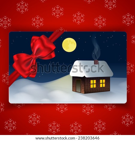 Winter holidays card with Winter landscape and with bow and ribbon on snowflake background. Vector illustration