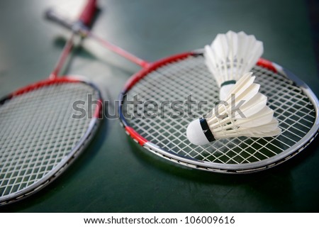 two shuttlecocks and badminton racket.