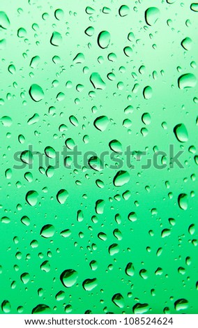green water drops on glass.