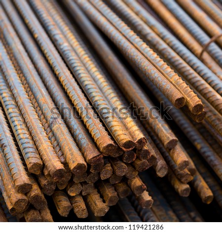 Rust steel rod or bars in warehouse