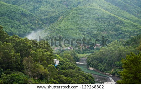 Scenic deep canyon with  river and house.