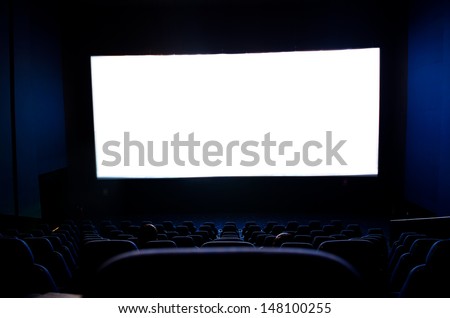 Dark Movie Theatre Interior. Screen And Chairs.