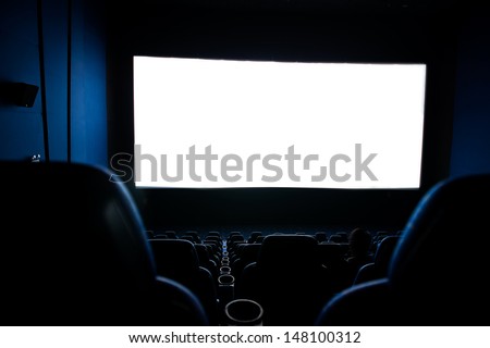 Dark Movie Theatre Interior. Screen And Chairs.