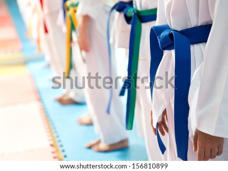 People in martial arts training exercising Taekwondo.