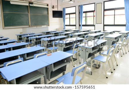 Empty Classroom With Chairs, Desks.