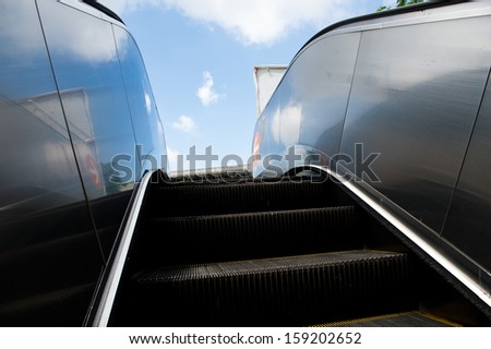 Wide angled view to perspective escalators stairway with background of blue sky.