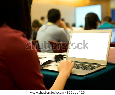Business People Typing On Laptop Keyboard At Conference.
