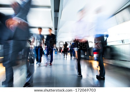 People Rushing In The Lobby. Motion Blur