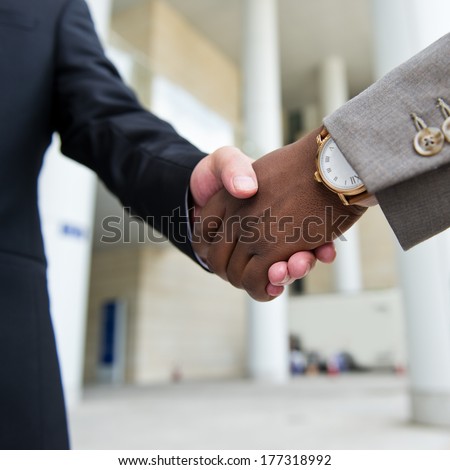 African businessman\'s hand shaking white businessman\'s hand  making a business deal.