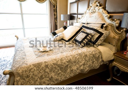 Luxury Bedroom Interior With Breakfast On Bed. Stock Ph