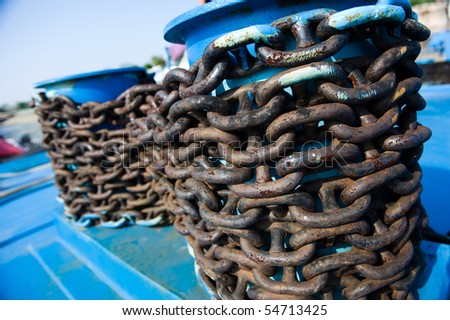 Thick anchor chain on nautical background.