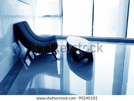 Office room with chairs and table. Floor reflection