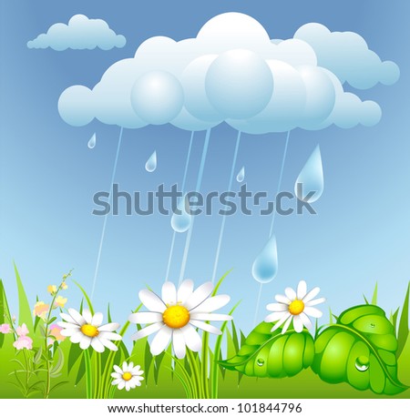 summer background with rain, cloud and flowering meadow