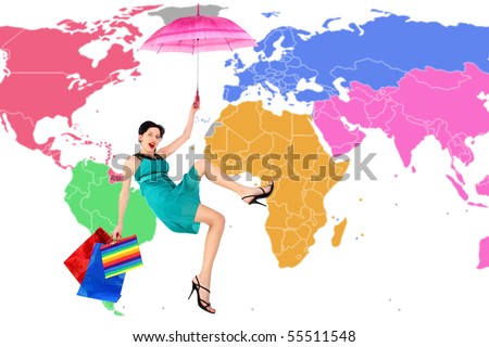 On Sale! Active beautiful sexual girl on world map background