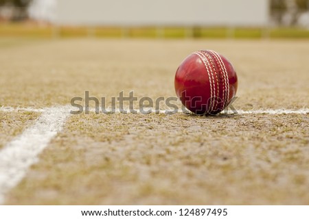 Close up Cricket ball on pitch with copy space