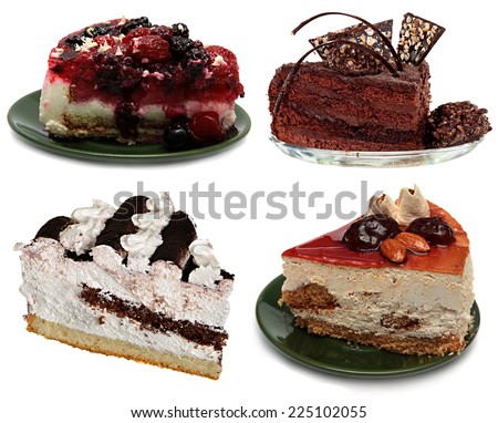 4 types of cake: chocolate, fruit, ice cream and cream isolated on white background. Set.