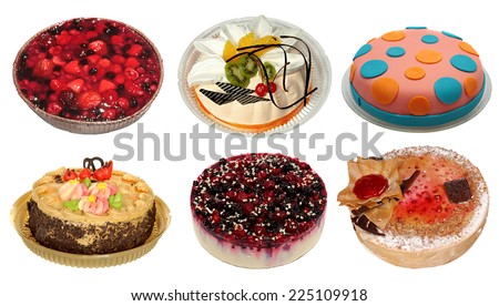 6  types of cake: chocolate, fruit, ice cream and cream isolated on white background. Set.