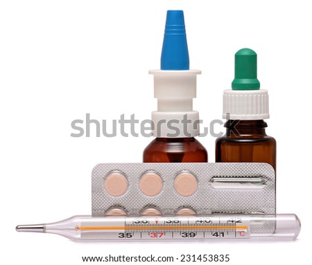 Thermometer, nasal spray,medicines from cold tablets cold. Isolated on white background