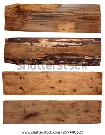 Four old wooden boards isolated on a white background. Old Wood plank, isolated on white background