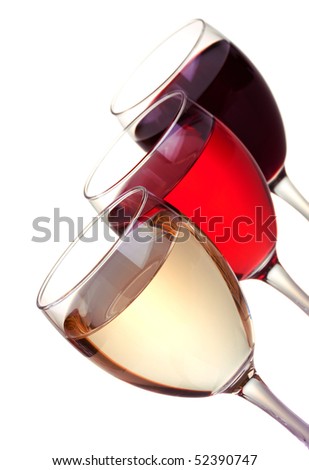 Red, rose and white wine in a wine glasses isolated on white background
