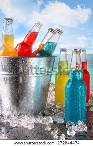 Cool summer drinks in ice bucket at the beach