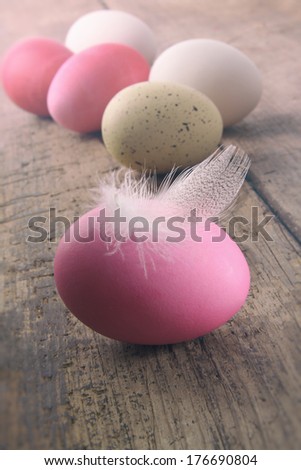 Easter eggs with feather on old wooden table