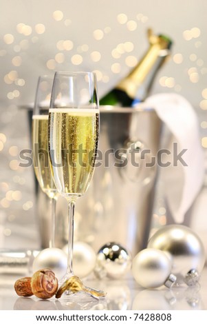 Silver champagne party with shimmering lights in background