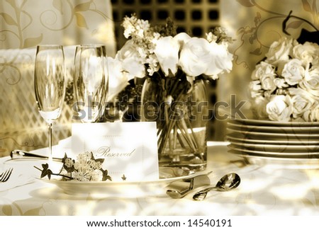 stock photo White place card on outdoor wedding table Vintage look