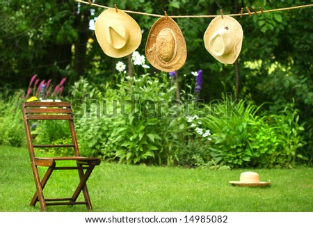 Garden Hats on Straw Hats On An Old Clothesline In A Summer Garden Stock Photo