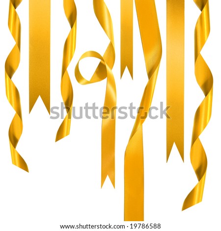 Gold ribbons hanging down on white background
