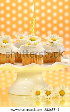 Cupcakes decorated with icing and little daisies on cake tray