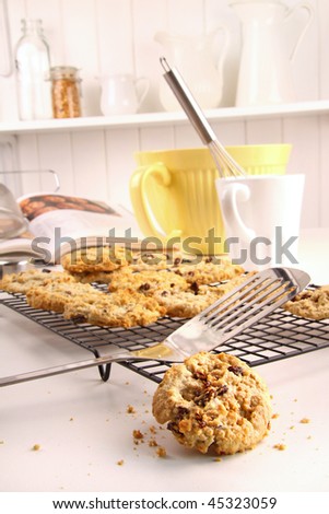 Freshly baked oatmeal raisin cookies on cooling rack