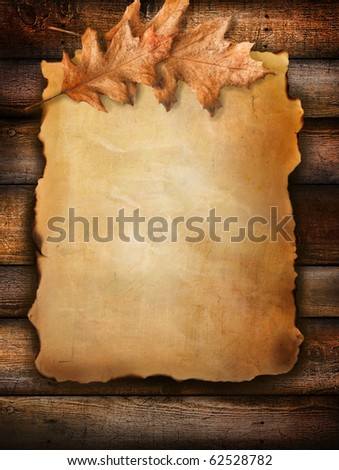 Old scroll paper with oak leaves on wood background