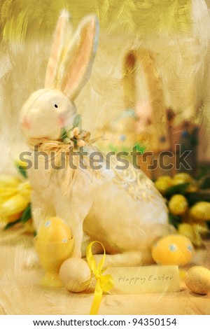 Easter bunny and eggs with a painterly wash effect