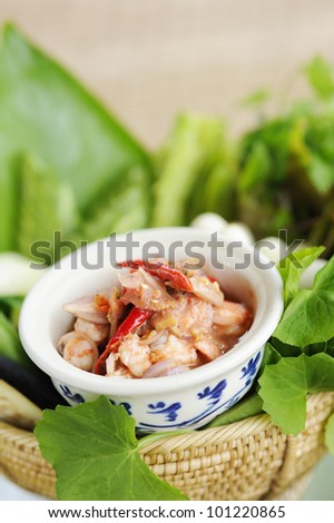 Thai Cuisine -  Shrimp in chili sauce - Shrimp paste - thai hot and spicy sauce with herb and vegetables - namprik - thai chili sauce with shrimp and herb
