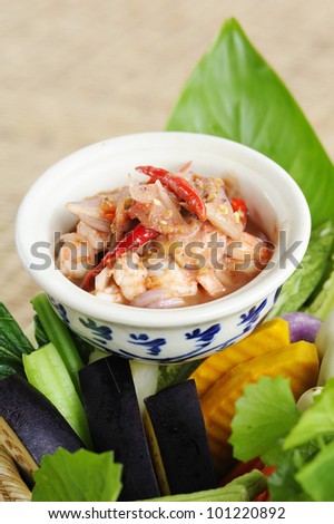 Shrimp in chili sauce - Shrimp paste - thai hot and spicy sauce with herb and vegetables - namprik - thai cuisine - thai hot and spicy sauce with shrimp