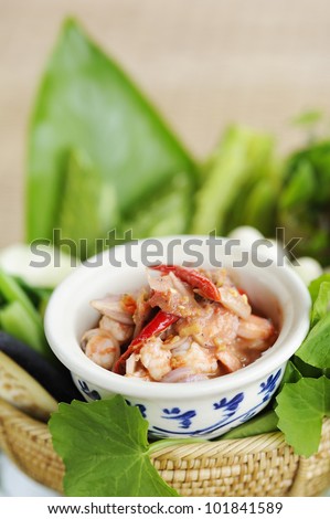 Thai Cuisine -  Shrimp in chili sauce - Shrimp paste - thai hot and spicy sauce with shrimp mixed herb and vegetables - namprik - thai chili sauce with shrimp and herb