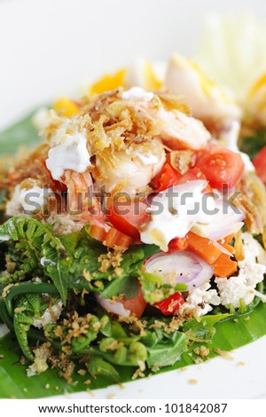 Thai cuisine - Thai yum salad hot and spicy with shrimp and thai vegetables -  yum spicy with shrimp and fern siam or thai vegetables