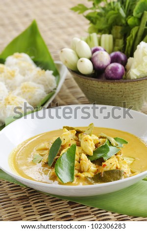 Thai Cuisine - crab curry and rice vermicelli -  crab curry mixed herb - crab curry hot and spicy with noodles