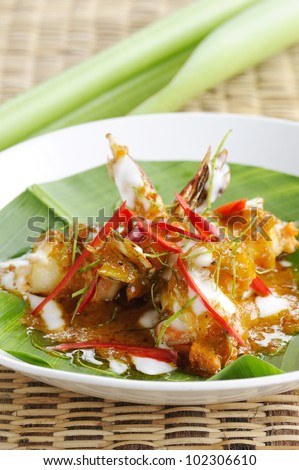 Thai cuisine - Shrimp fried hot and spicy sauce with herb - shrimp fried and spicy sauce