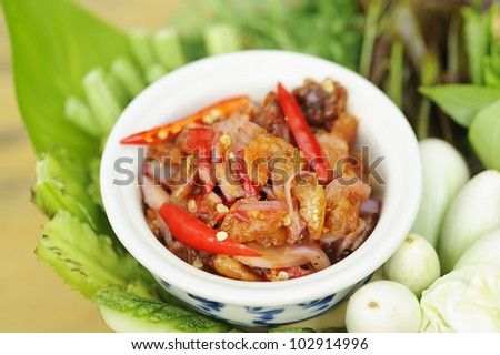 Thai Cuisine - Crispy Shrimp hot and spicy sauce chili - Shrimp paste - thai hot and spicy sauce with crispy shrimp and herb  - namprik - hot and spicy chili sauce with crispy shrimp and herb