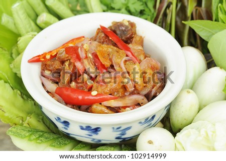 Thai Cuisine - Crispy Shrimp hot and spicy sauce chili - Shrimp paste - thai hot and spicy sauce with crispy shrimp and herb  - namprik -  crispy shrimp in spicy chili sauce and herb