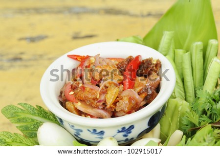 Crispy Shrimp hot and spicy sauce chili - Shrimp paste - thai hot and spicy sauce with crispy shrimp and herb  - namprik -  chili sauce with crispy shrimp and herb - thai cuisine