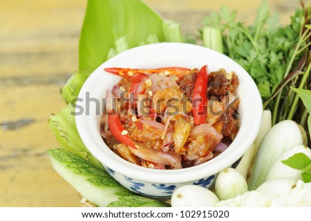 Thai Cuisine - Crispy Shrimp hot and spicy sauce chili - Shrimp paste - thai hot and spicy sauce with crispy shrimp and herb  - namprik -  chili sauce with crispy shrimp and herb -