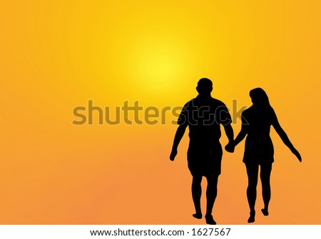 silhouette of couple walking towards sun