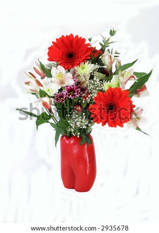 beautiful bouquet of flowers in red pepper vase