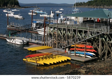 harbor with boats and kayaks at Bar Harbor, Maine