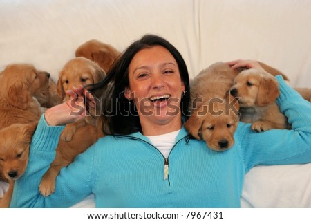young woman with group of golden retriever puppies